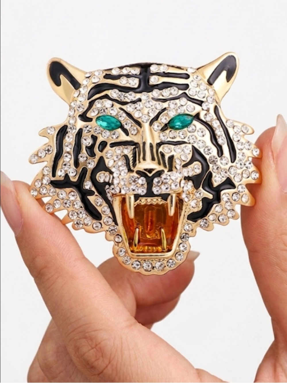 Tiger Head Rhinestone Brooch Pin Crystal Enamel Gold Statement Jewelry